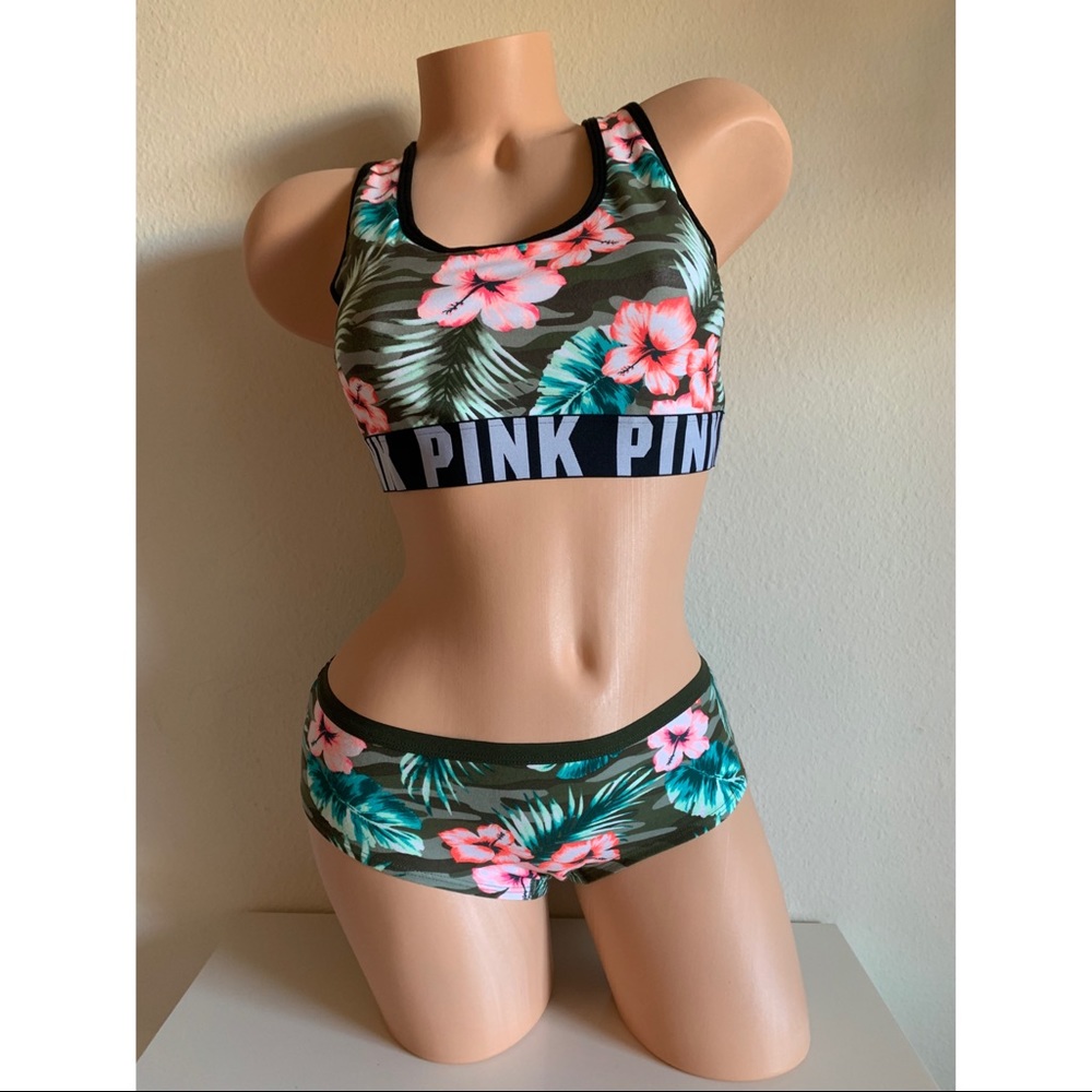 Victoria’s Secret PINK Tropical Palms Sports Bra Top Bralette and Panty Set M